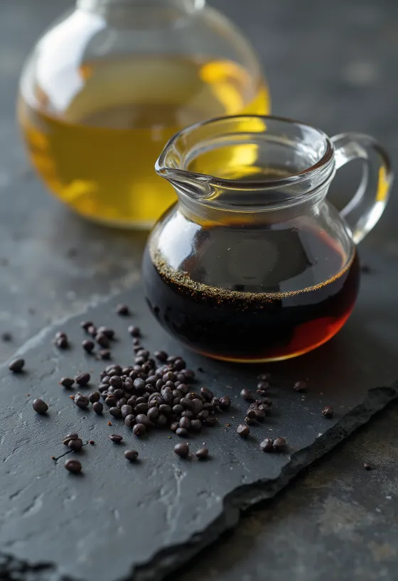 Poppy seed oil in a bottle, next to black poppy seeds in a small bowl