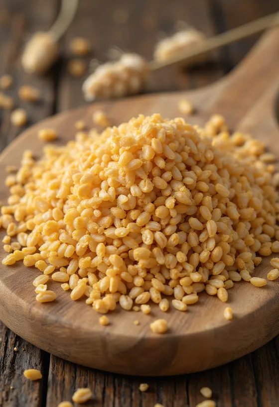 Malt as an ingredient: malted barley grains and ground malt powder in a wooden bowl and spilled on a kitchen surface