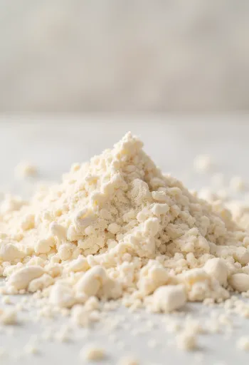 Almond flour in a ceramic bowl, light beige colored, fine-textured flour