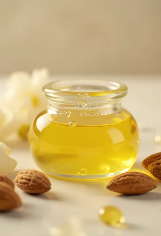 Almond oil in a small bottle, next to peeled almonds in a bowl