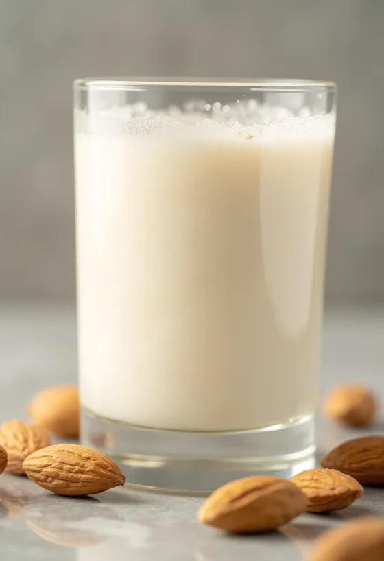 Almond milk poured into a glass, next to whole and ground almonds