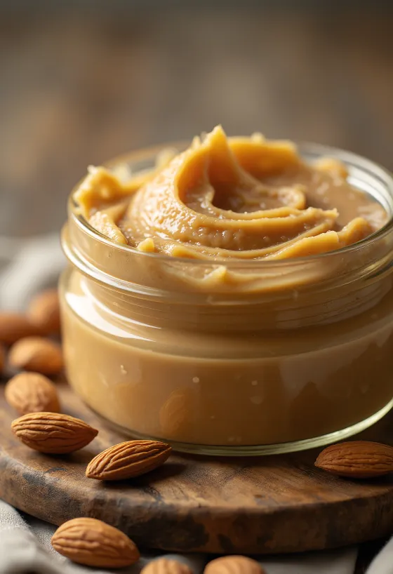Creamy almond butter in a jar with a spoon on a wooden surface, surrounded by almonds