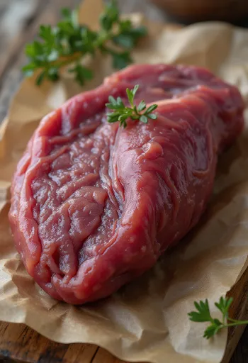 Sliced raw beef liver on a wooden cutting board, dark red fillets