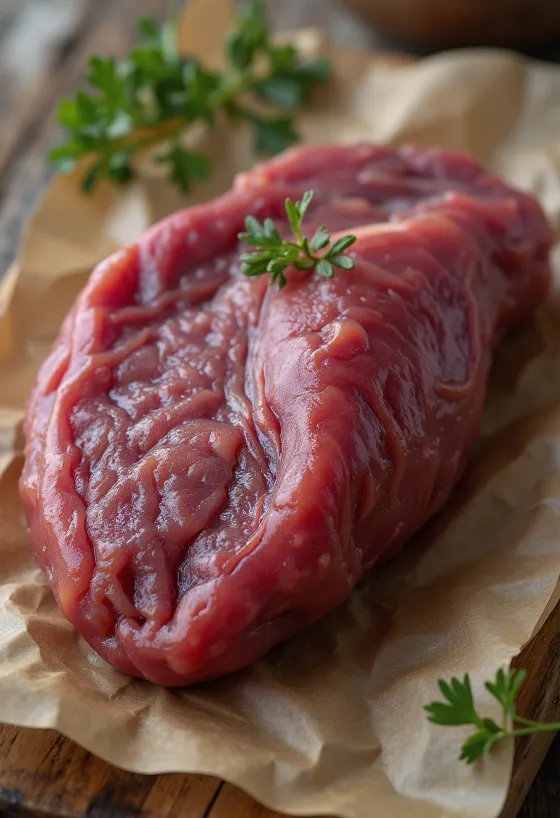 Sliced raw beef liver on a wooden cutting board, dark red fillets