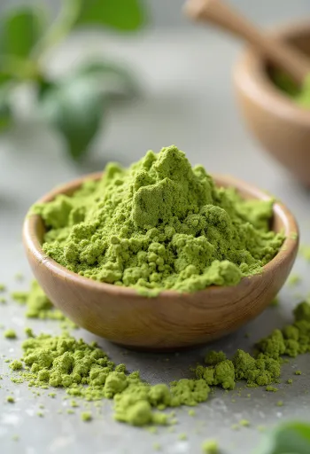 Matcha powder in a ceramic bowl next to a bamboo whisk and spoon
