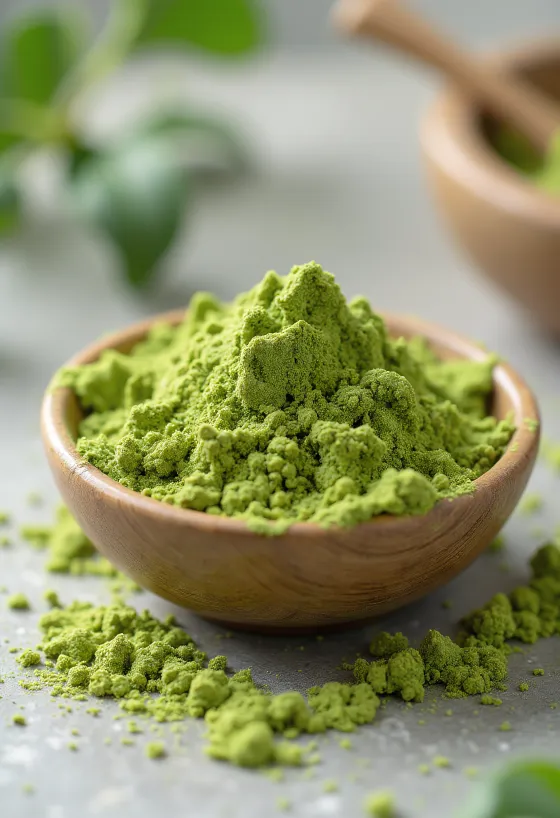Matcha powder in a ceramic bowl next to a bamboo whisk and spoon