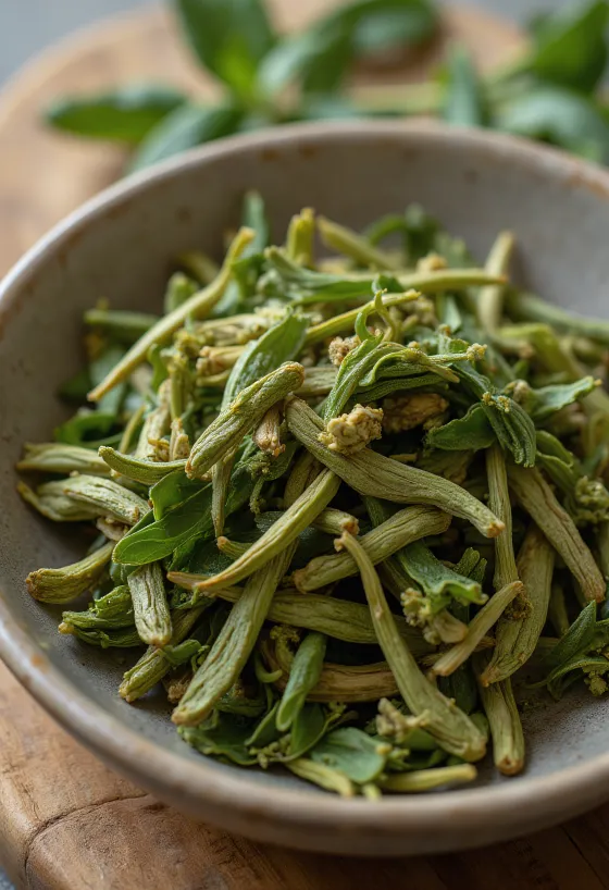 Loose yerba mate leaves in a bowl with a wooden spoon on a kitchen surface