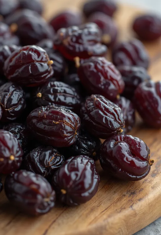 Raisins in a ceramic bowl, with fresh grapes, walnuts, and honey