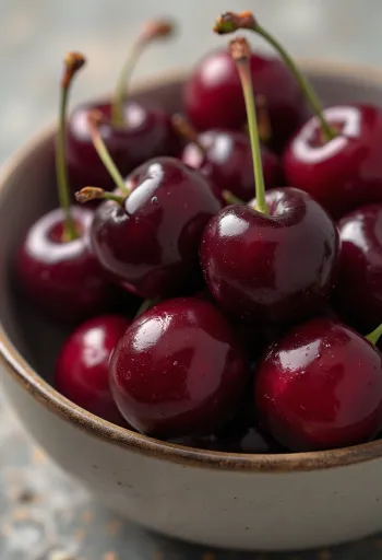 Fresh sour cherries halved and whole, with sour cherry jam on a wooden table