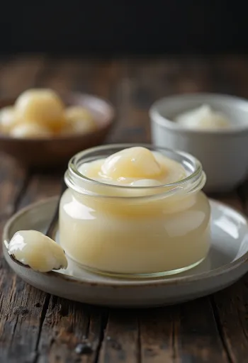 Creamy, light yellowish royal jelly in a jar and served on a porcelain spoon