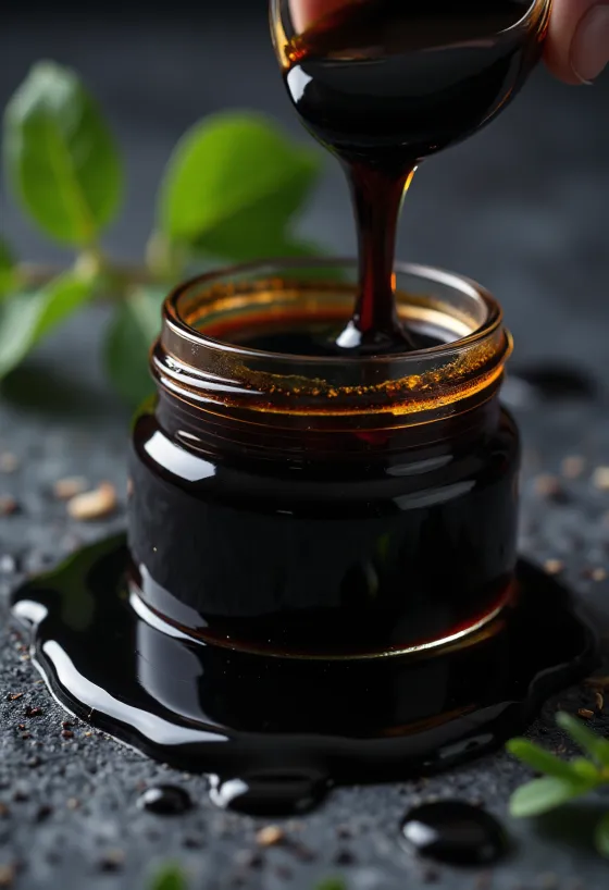 Dark, thick molasses in a small bowl, with syrup dripping from a wooden spoon nearby