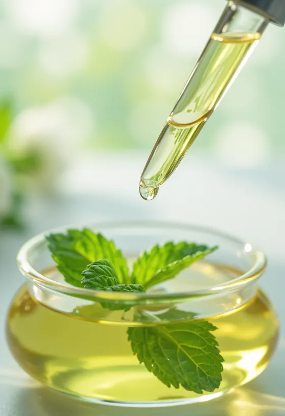 Peppermint oil in a bottle, surrounded by fresh mint leaves