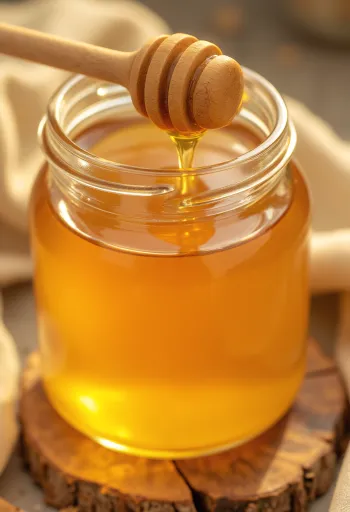 Golden honey in a jar and on a wooden dipper, light background