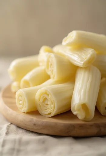 Sliced bamboo shoots on a cutting board surrounded by fresh vegetables