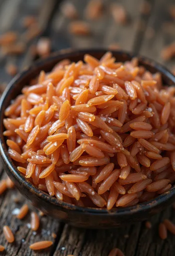 Fresh Bhutanese red rice grains on a clean plate