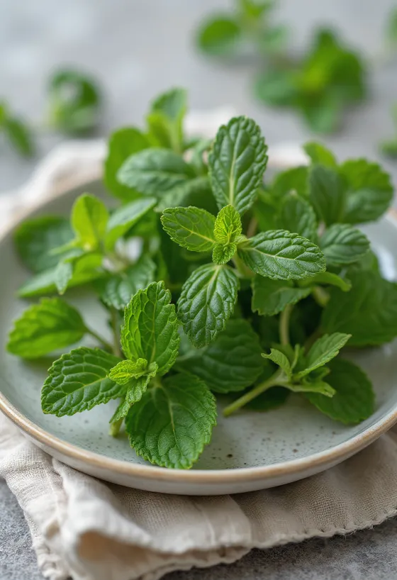Dried peppermint leaves on a clean plate