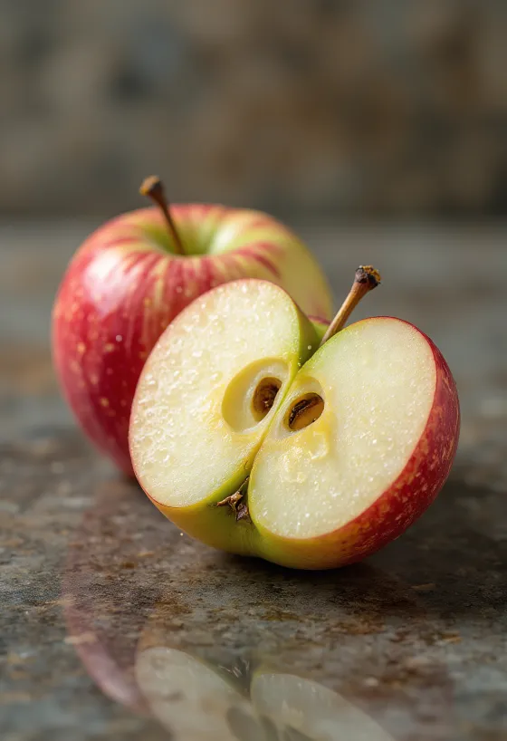 Fresh Braeburn apples and slices on a cutting board