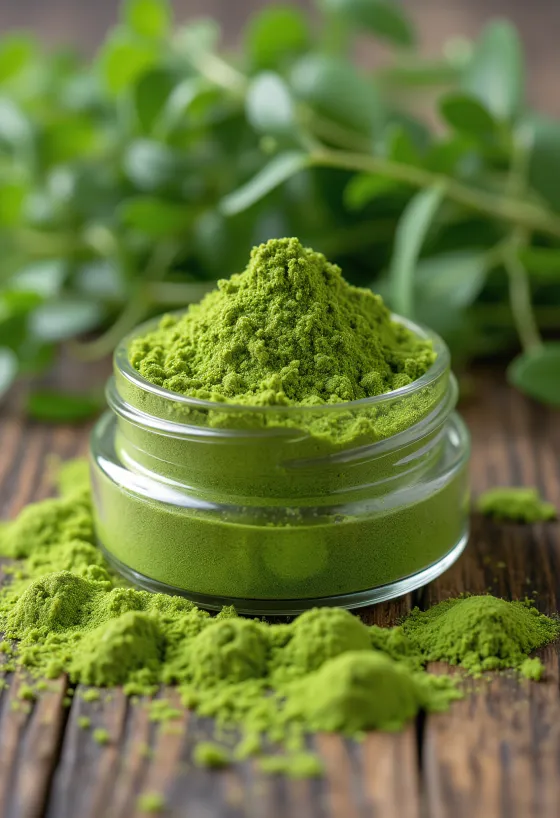 Wheatgrass powder in a small glass jar, rich green color, surrounded by fresh wheatgrass blades