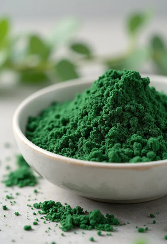 Chlorella powder in a small glass jar, rich green color, surrounded by chlorella tablets