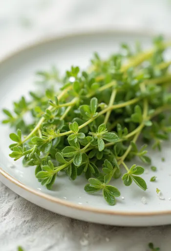 Fresh lemon thyme leaves on a clean plate