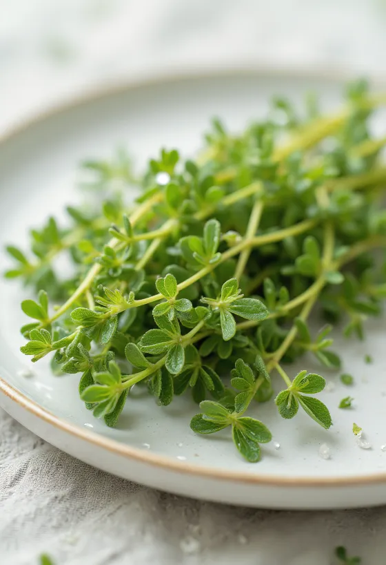 Fresh lemon thyme leaves on a clean plate