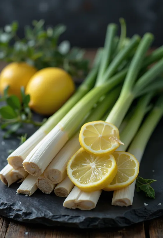 Fresh lemongrass stalks on a clean plate