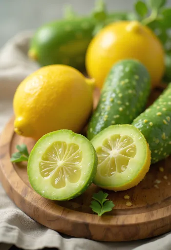 Lemon cucumber slices on a cutting board, surrounded by fresh vegetables