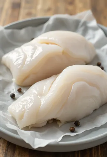 Raw Pacific cod fillet on a cutting board