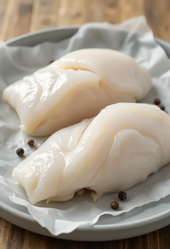 Raw Pacific cod fillet on a cutting board