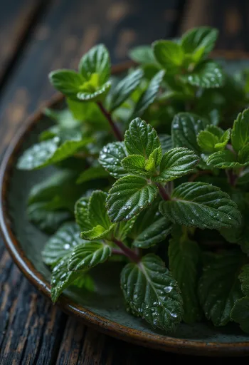 Fresh chocolate mint leaves on a clean plate