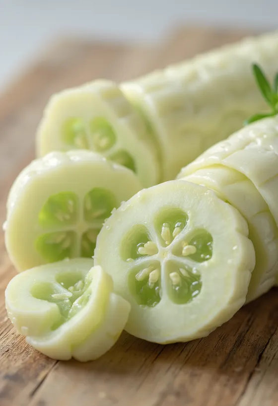 White cucumber slices on a cutting board, surrounded by fresh vegetables