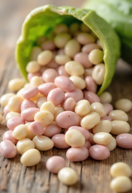 Fresh shelled white beans on a cutting board, arranged cleanly and neatly