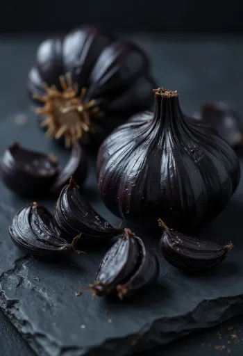 Black garlic with a beautiful, glossy dark color, arranged in a small bowl