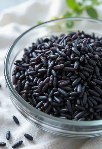 Fresh black jasmine rice grains on a clean plate