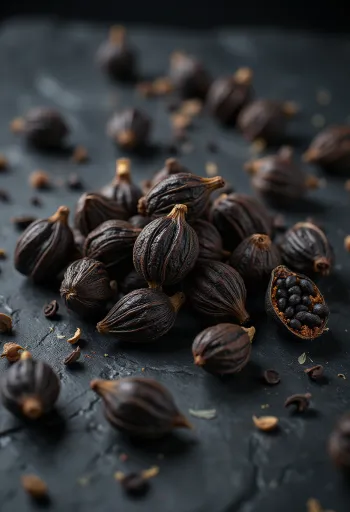 Dried black cardamom pods on a wooden kitchen counter.