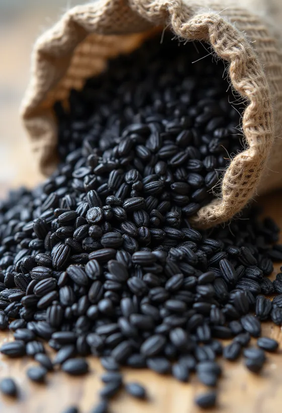 Black rice in a small jar, rich dark color, surrounded by raw rice grains