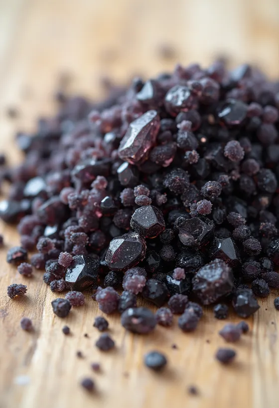 Black salt in a small jar, rich black color, surrounded by salt crystals and a wooden spoon