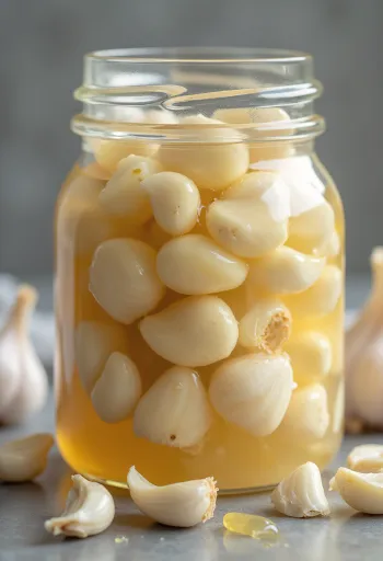 Fermented garlic in beautiful golden-brown color, arranged in a small bowl