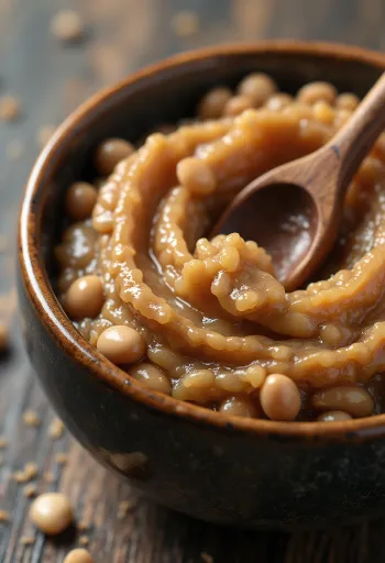 Dish made from fermented soybeans in a small jar, surrounded by soybeans