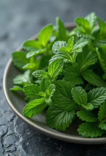 Fresh spearmint leaves arranged on a clean plate