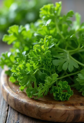 Fresh curly parsley, with green leaves on a cutting board