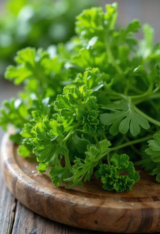 Fresh curly parsley, with green leaves on a cutting board