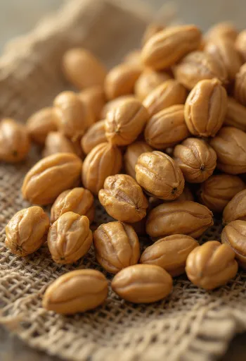Tiger nut (chufa) tubers on a cutting board, surrounded by fresh greens