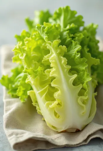 Fresh frisée lettuce (curly endive) with frizzy green leaves on a cutting board