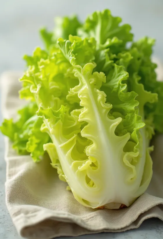 Fresh frisée lettuce (curly endive) with frizzy green leaves on a cutting board