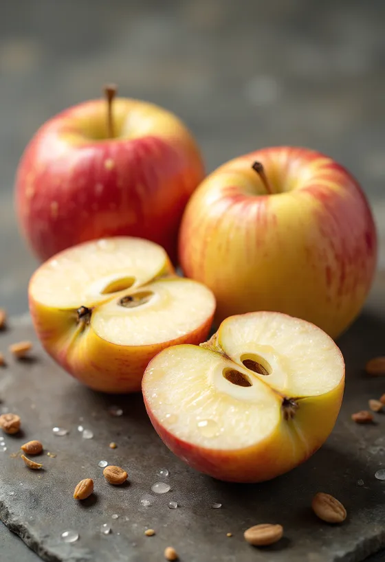 Fresh Fuji apples and slices on a cutting board