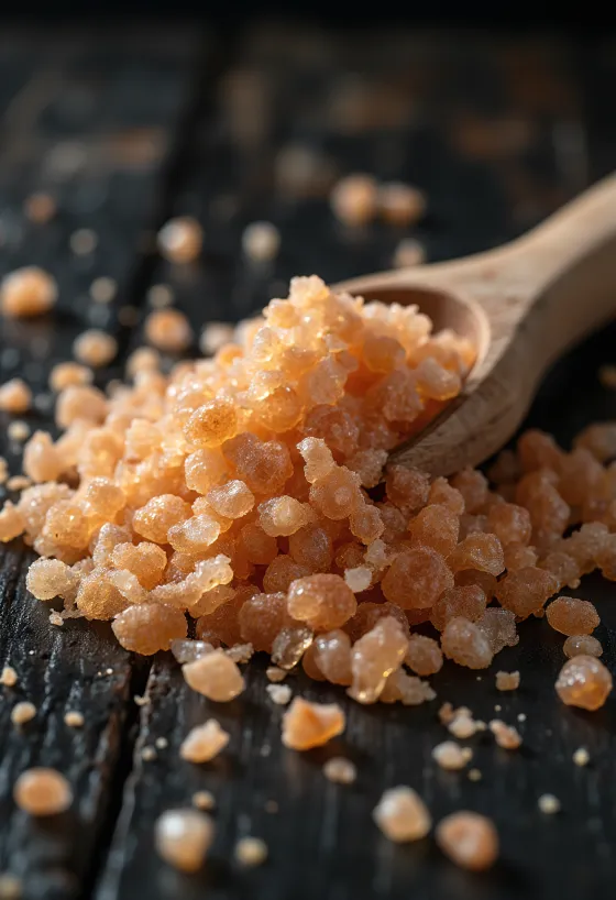 Smoked salt in a small glass jar, rich brown color, surrounded by smoked salt crystals