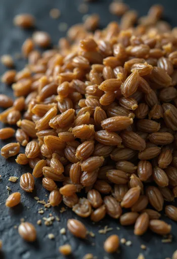 Roasted barley grains on a cutting board, natural lighting