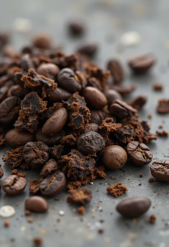 Roasted chicory root granules on a cutting board, natural lighting