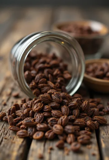 Roasted rye grains on a cutting board, natural lighting